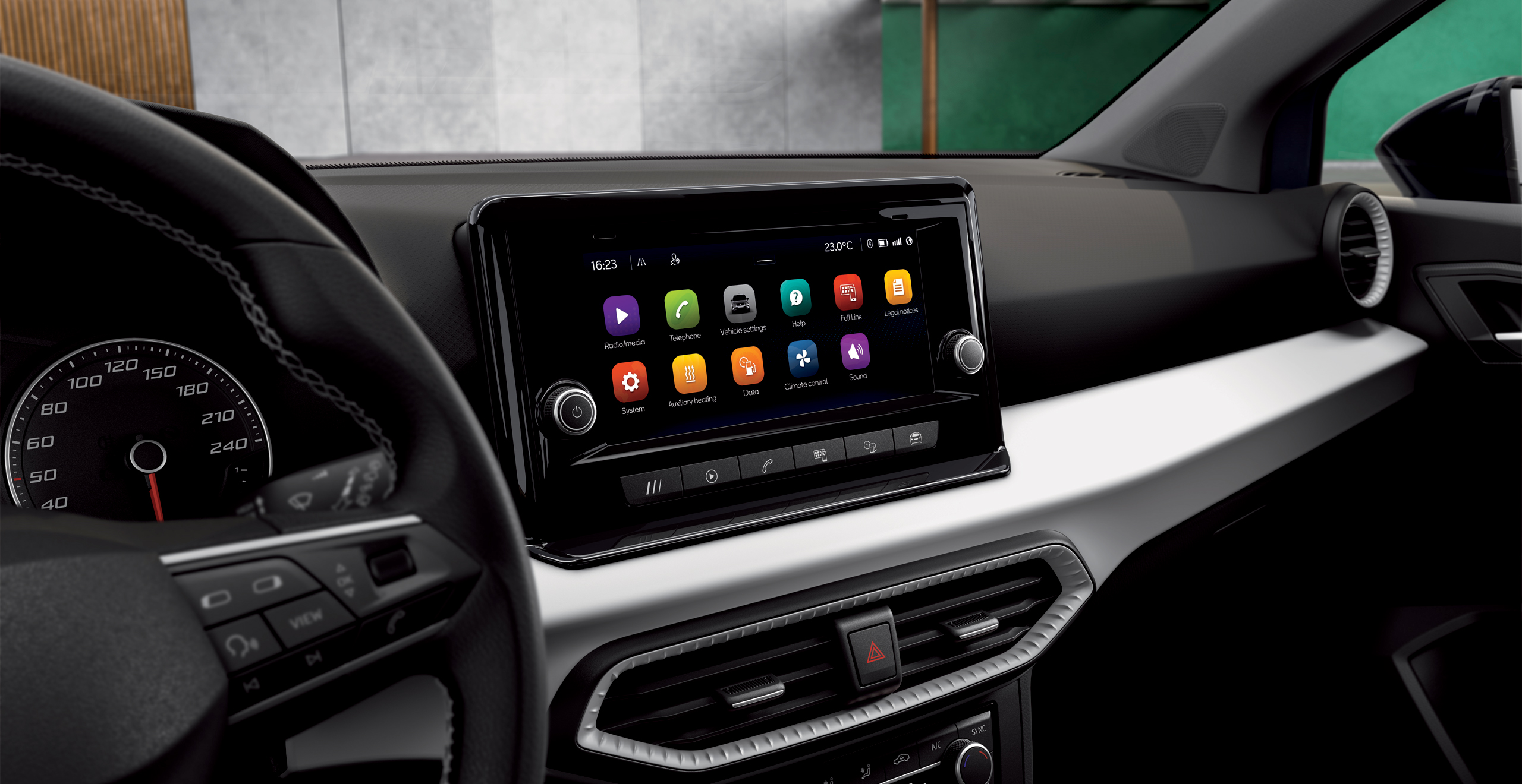 SEAT Arona interior view of the floating 9.2″ touchscreen and multifunctional steering wheel