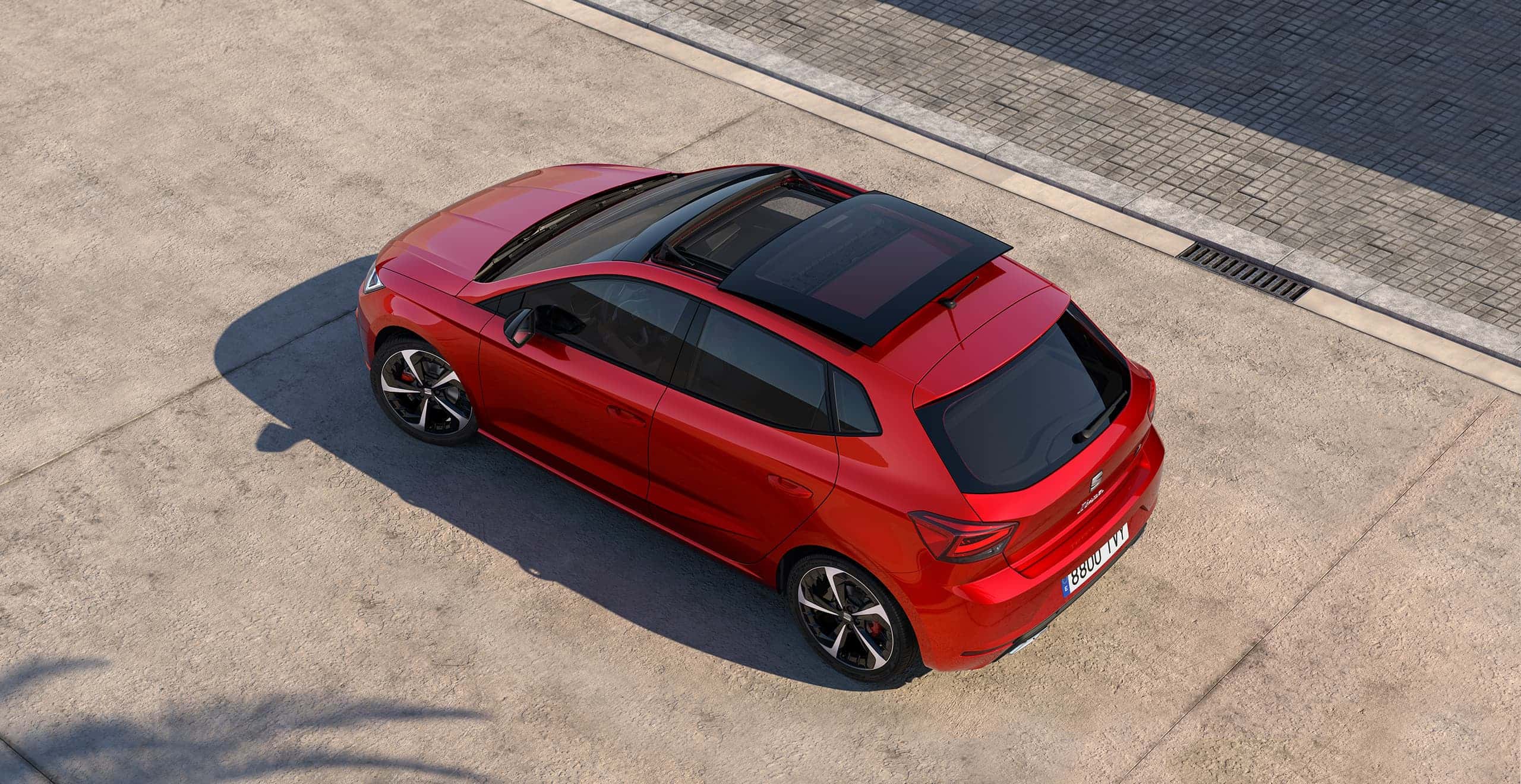 SEAT Ibiza desire red colour drone view of the sunroof 